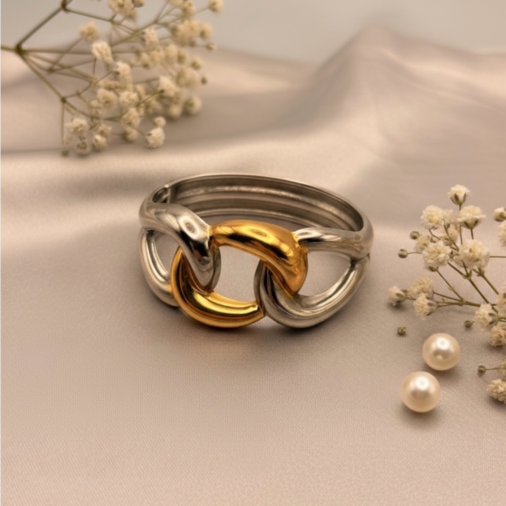 Bold Two-Tone Link Hinge Cuff Bangle Bracelet